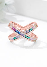 Swarovski Zirconia Rainbow Criss Cross Ring - 925 Sterling Silver | Colorful Sparkle | Handcrafted | Women's Statement Jewelry | Goldhartz
