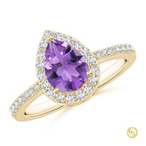 925SS 18k YGold Plated Pear Amethyst Ring with Diamond Halo | Engagement Ring