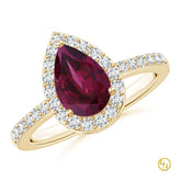 925SS 18k YGold Plated Pear Garnet Ring with Diamond Halo | Engagement Ring