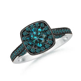 925SS Round Blue Diamond Cushion Halo Ring with Milgrain | Cocktail Ring