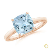 925SS 18k RGold Plated Classic Solitaire Cushion Aquamarine Cocktail Ring