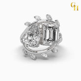 925 Sterling Silver Pear and Emerald Cut Moissanite Art Deco Toi Et Moe Ring