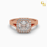 925 Sterling Silver Emerald Cut Soliatire Moissanite Halo Style Ring with Split Shank | Engagement Ring for Women