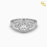925 Sterling Silver Round Moissanite Halo With Side Stones Engagement Ring