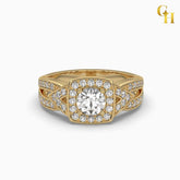 925 Sterling Silver Round Moissanite Square Halo Art Deco Style Engagement Ring