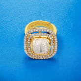 Double Halo Big Cushion Moissanite Polki Ring - Adjustable Fit for All | 925 Sterling Silver | 18kt Gold Plated | Best Gift for Women | Jadau Jewelry