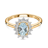 Aquamarine March Birthstone Princess Diana Inspired Halo Ring in 18K Yellow Gold Vermeil Overlay Sterling Silver for Women | 12 Birthstones | AAA+ Quality | Handcrafted | Best Gift for Her | Royal Radiance | Goldhartz