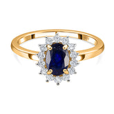 Blue Sapphire September Birthstone Princess Diana Inspired Halo Ring in 18K Yellow Gold Vermeil Overlay Sterling Silver for Women | 12 Birthstones | AAA+ Quality | Handcrafted | Best Gift for Her | Royal Radiance | Goldhartz