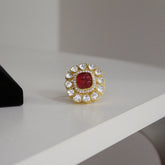 Halo Polki Adjustable ring with carved stones| 925 Sterling Silver | Jadau Jewelry