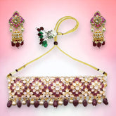 Exquisite Choker Ruby, Pearls and Moissanite Polki Necklace Set with Matching Earrings - Opulent Elegance in 925 Sterling Silver, 18kt Gold Plating - From Enchantica's Collection of Fine Jadau Jewelry
