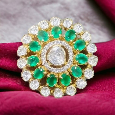 Exquisite Emerald and Polki Double Halo Ring 925 Sterling Silver 18kt Gold Plated Best Gift for Women |Jadau Jewelry