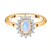 Rainbow Moonstone June Birthstone Princess Diana Inspired Halo Ring in 18K Yellow Gold Vermeil Overlay Sterling Silver for Women | 12 Birthstones | AAA+ Quality | Handcrafted | Best Gift for Her | Royal Radiance | Goldhartz