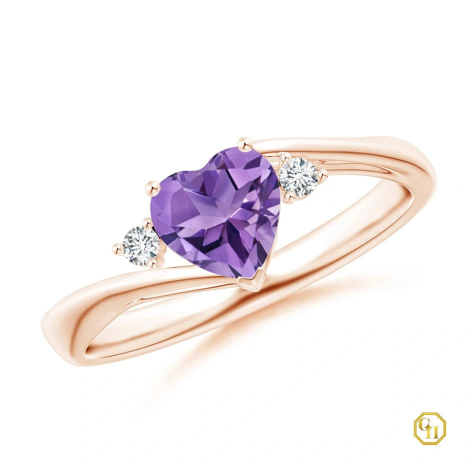 925SS Heart-Shaped Amethyst Bypass Ring with Diamonds