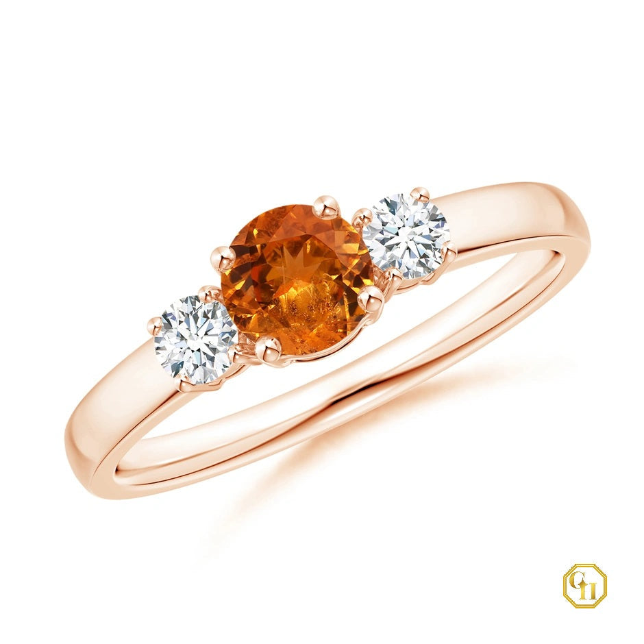 925SS 18k RGold Plated Classic Orange Sapphire Three Stone Ring with Diamonds