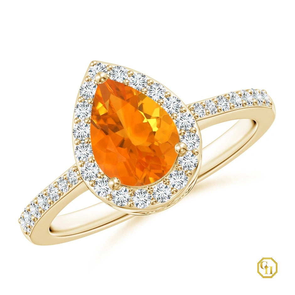 925SS 18k YGold Plated Pear Garnet Ring with Diamond Halo | Engagement Ring