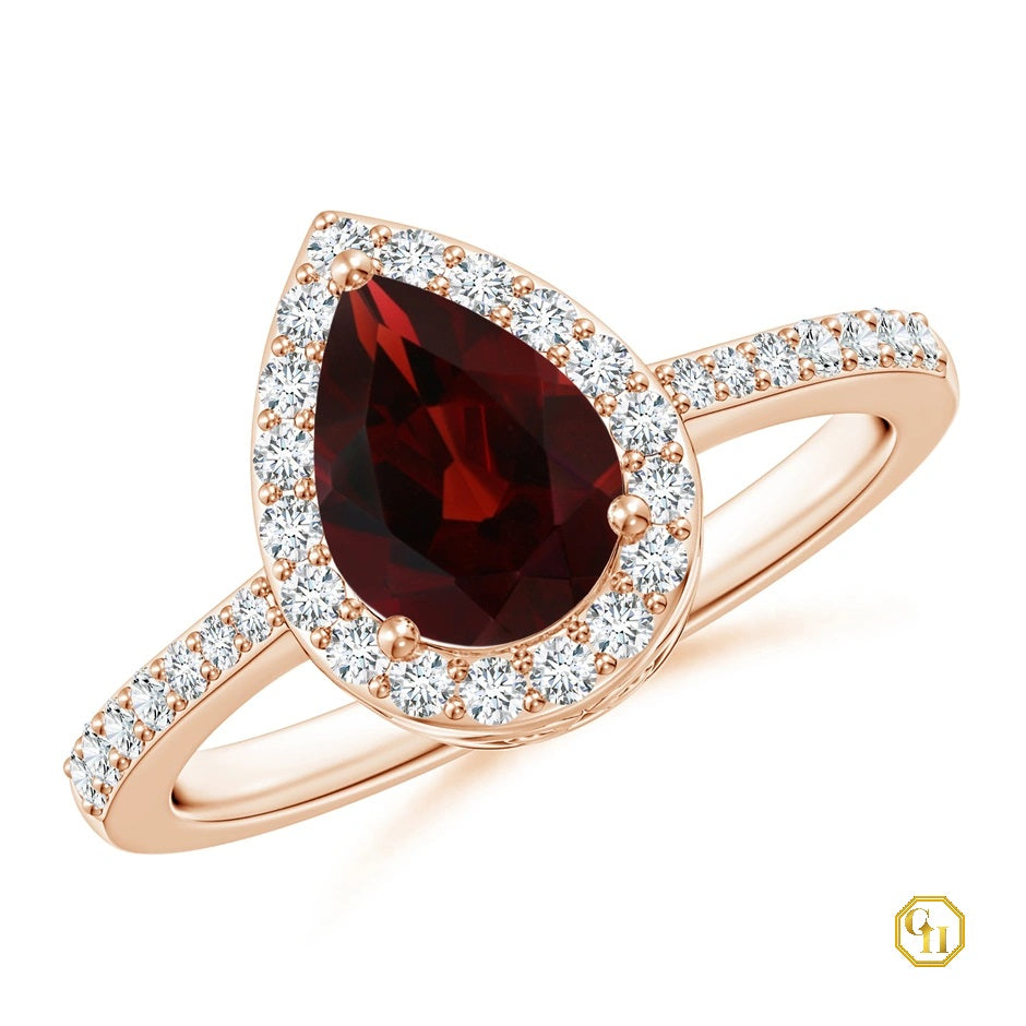 925SS 18k RGold Plated Pear Amethyst Ring with Diamond Halo | Engagement Ring