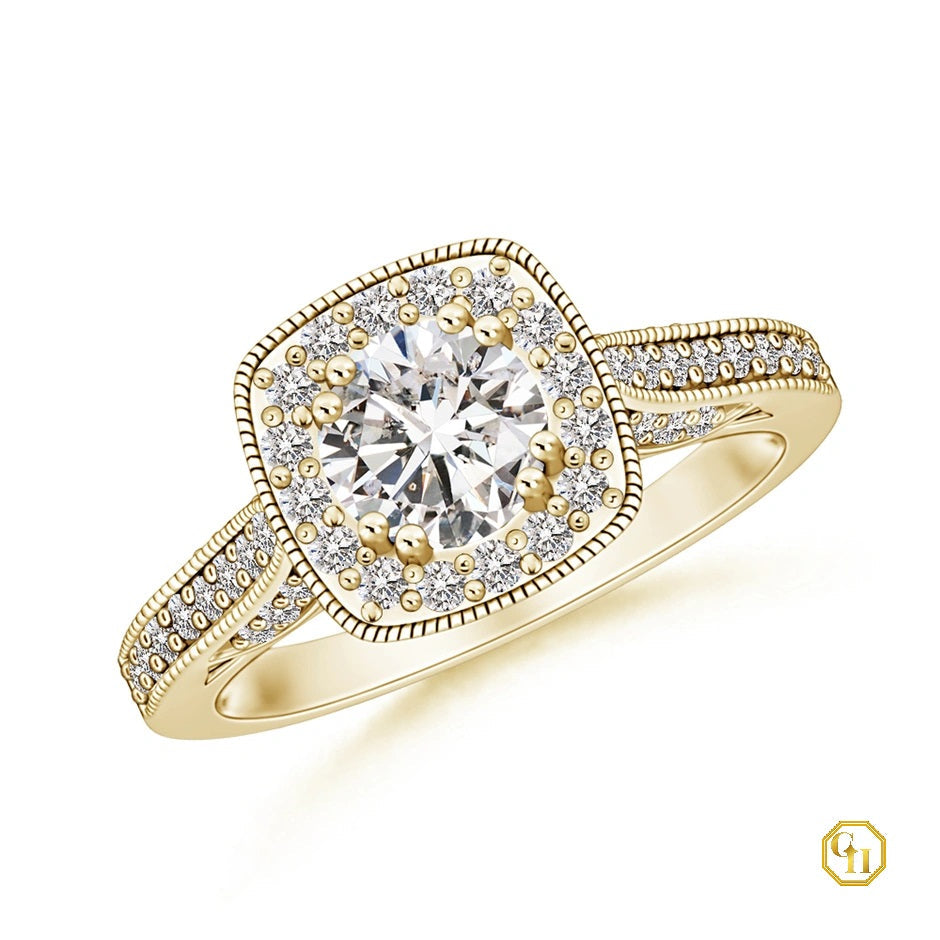 925SS Round Diamond Cushion Halo Ring with Milgrain | Cocktail Ring