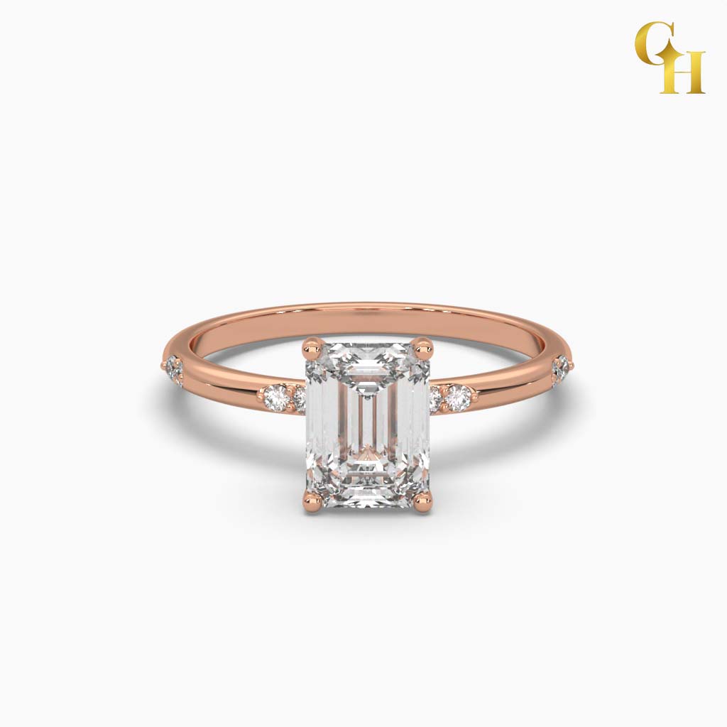 925 Sterling Silver Emerald Cut Solitaire Moissanite Ring with Marie Pave