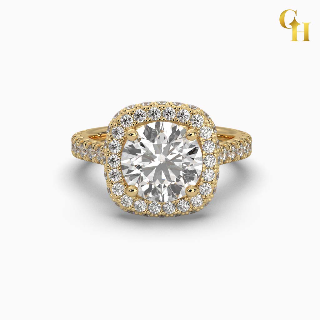 925 Sterling Silver Round Square Halo Dome Solitaire Moissanite Ring with Pave Accents