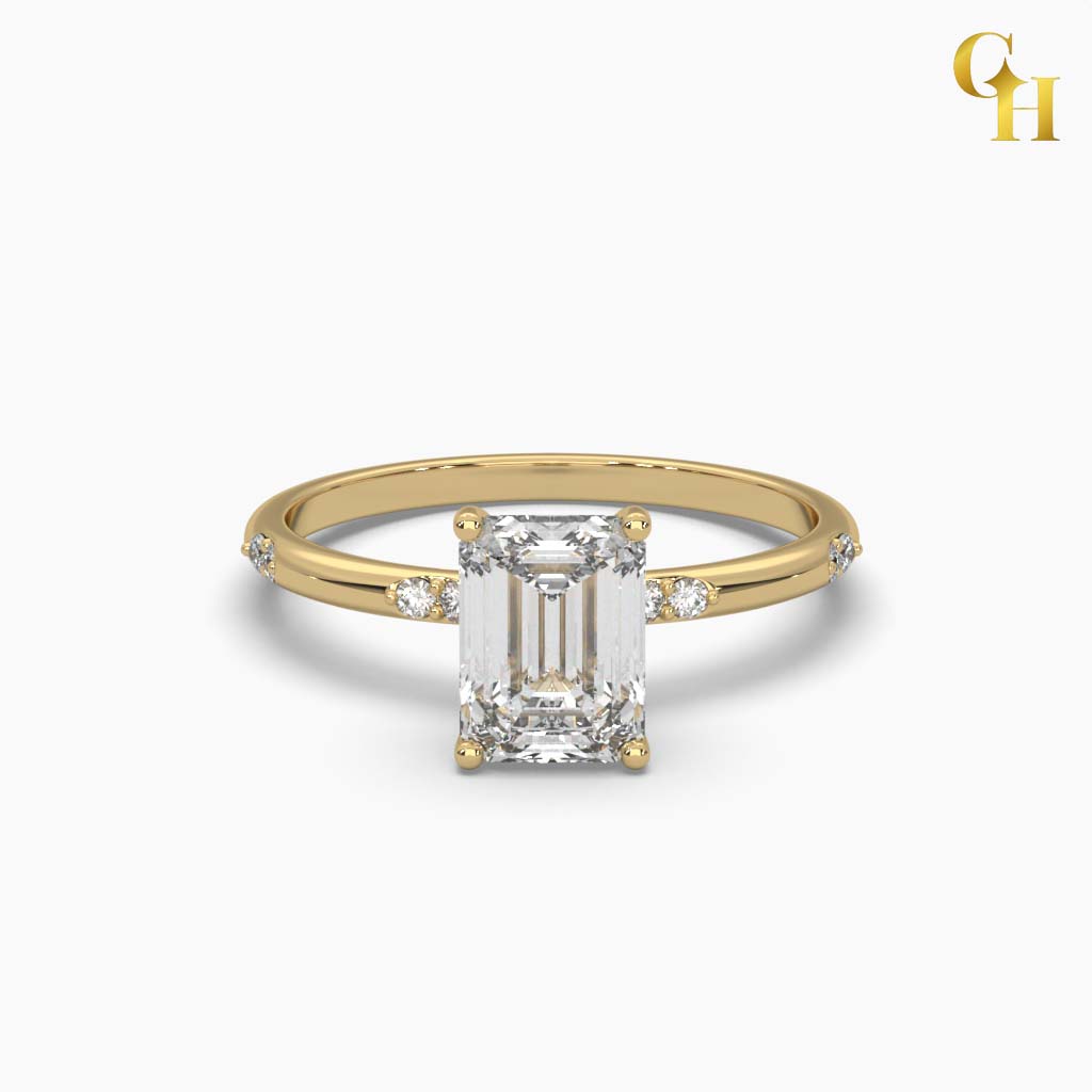 925 Sterling Silver Emerald Cut Solitaire Moissanite Ring with Marie Pave