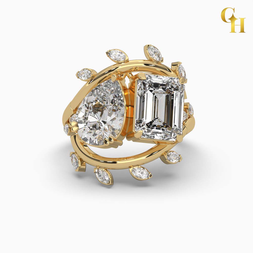 925 Sterling Silver Pear and Emerald Cut Moissanite Art Deco Toi Et Moe Ring
