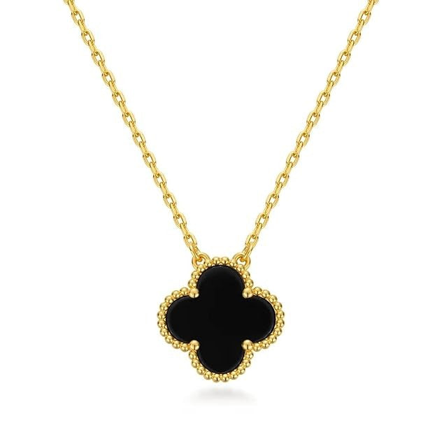 18K Natural Black Oynx Gemstone Clover Pendant Necklace | Best Gift for Her