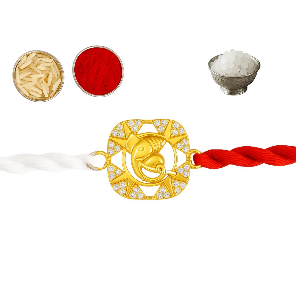 Yellow Gold Plated Ganesha with Stone Rakhi for Brother | Raksha Bandh