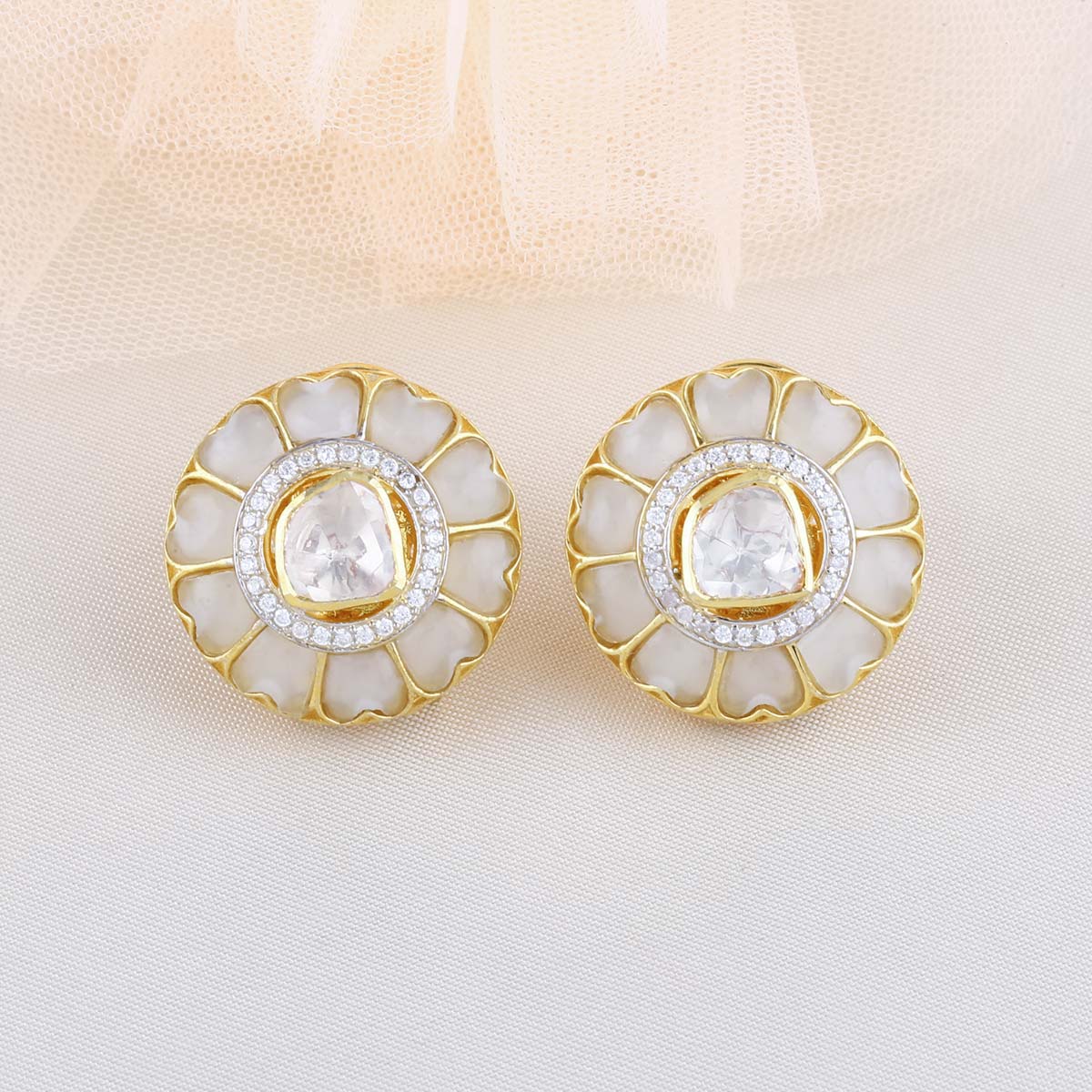 Heart Moissanite Polki Earrings with Enameling, Silver Pushback | 925 Sterling Silver | 18kt Gold Plated | Best Gift for Women | Jadau Jewelry