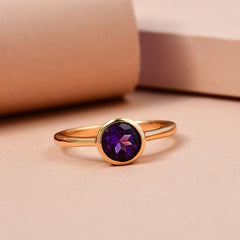 Amethyst February Birthstone Bezel set Solitaire Ring in 18K Yellow Gold Vermeil Overlay Sterling Silver for Women | 12 Birthstones | AAA+ Quality | Handcrafted | Best Gift for Her | Goldhartz