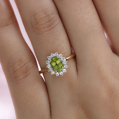 Peridot August Birthstone Princess Diana Inspired Halo Ring in 18K Yellow Gold Vermeil Overlay Sterling Silver for Women | 12 Birthstones | AAA+ Quality | Handcrafted | Best Gift for Her | Royal Radiance | Goldhartz